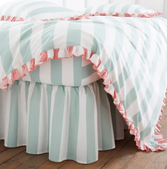 Green Striped Cot Bedding Set with Ruffle