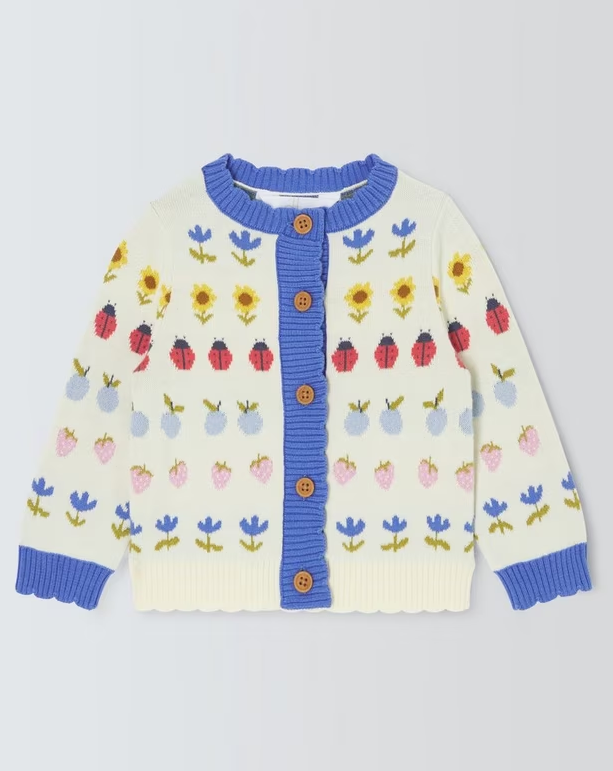 Charming Cream & Blue Knitted Baby Cardigan with Garden Pattern